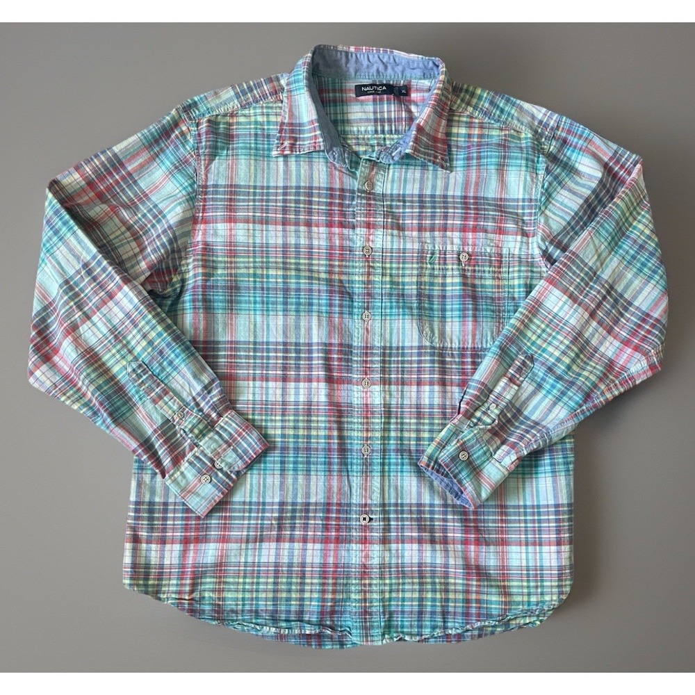 Nautica Long Sleeve Button Up Shirt Multicolor Plaid Pattern Logo XL JBHS